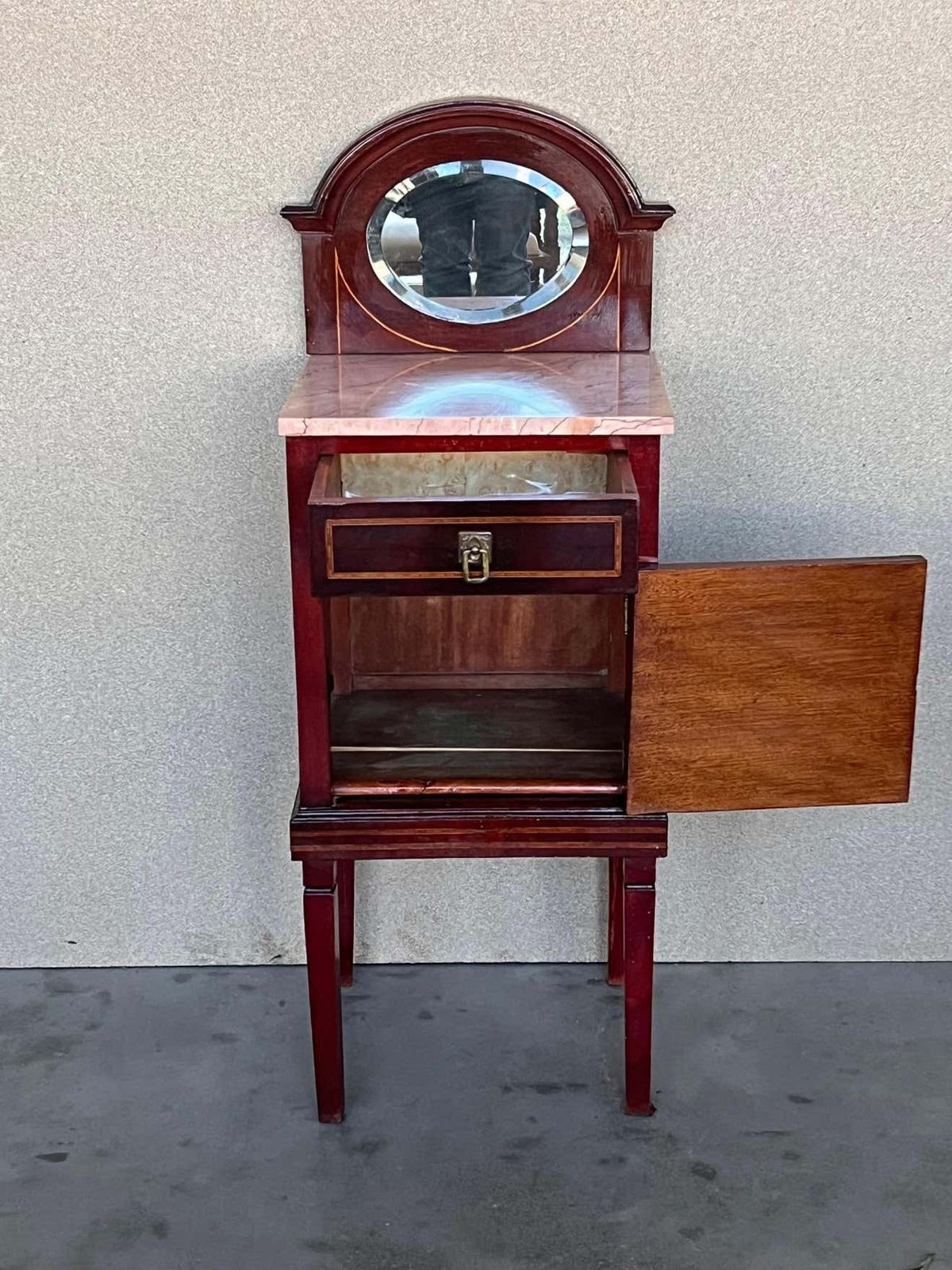 19th Louis XVI Style Marquetry Nightstands With Bronze Hardware And Mirror photo Furniture