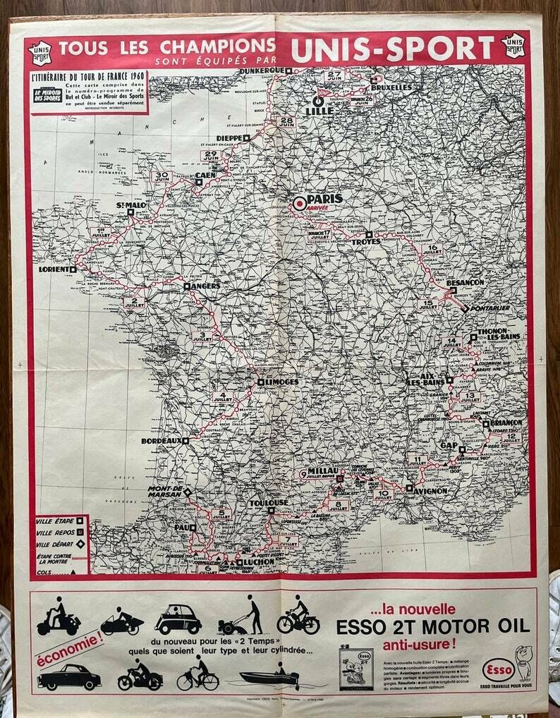 1960 Tour De France Map   Vintage Cycling Print