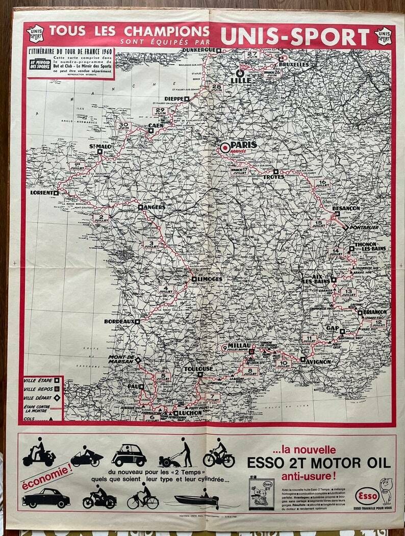 1960 Tour De France Map   Vintage Cycling Print photo furniture