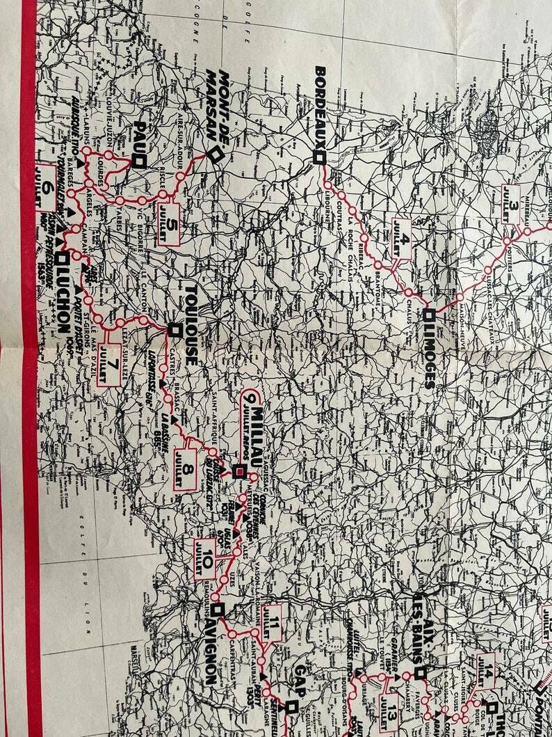 1960 Tour De France Map   Vintage Cycling Print photo for sale