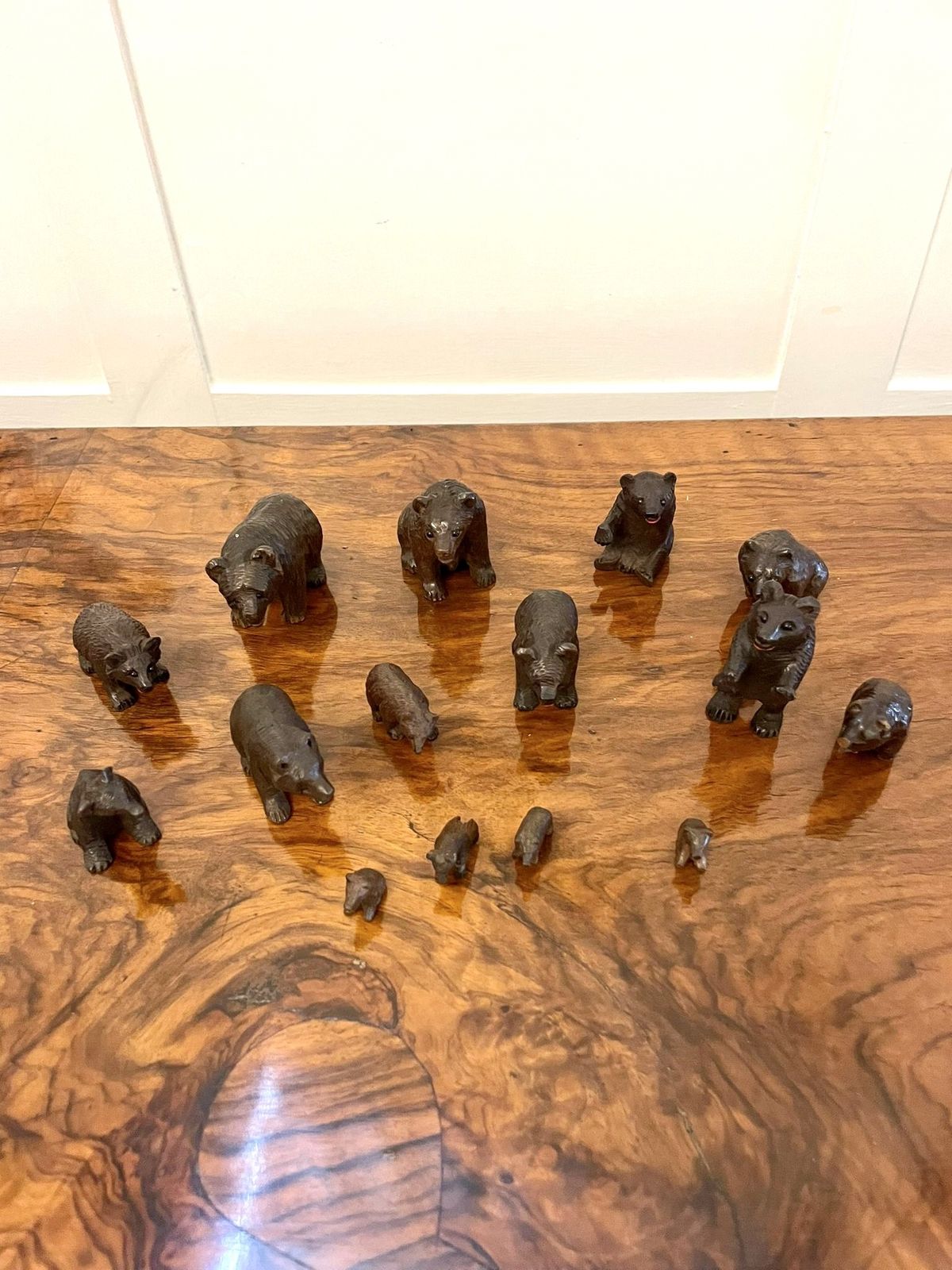 Antique Set Of Fifteen 19th Century Miniature Carved Oak Black Forest Bears photo 1995.0