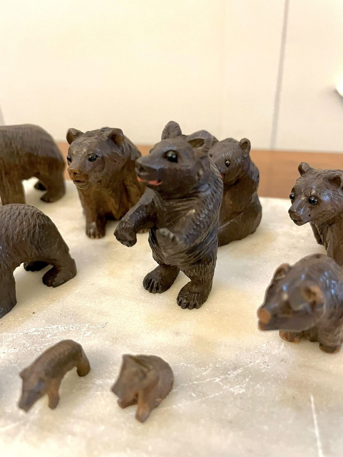 Antique Set Of Fifteen 19th Century Miniature Carved Oak Black Forest Bears photo vintage