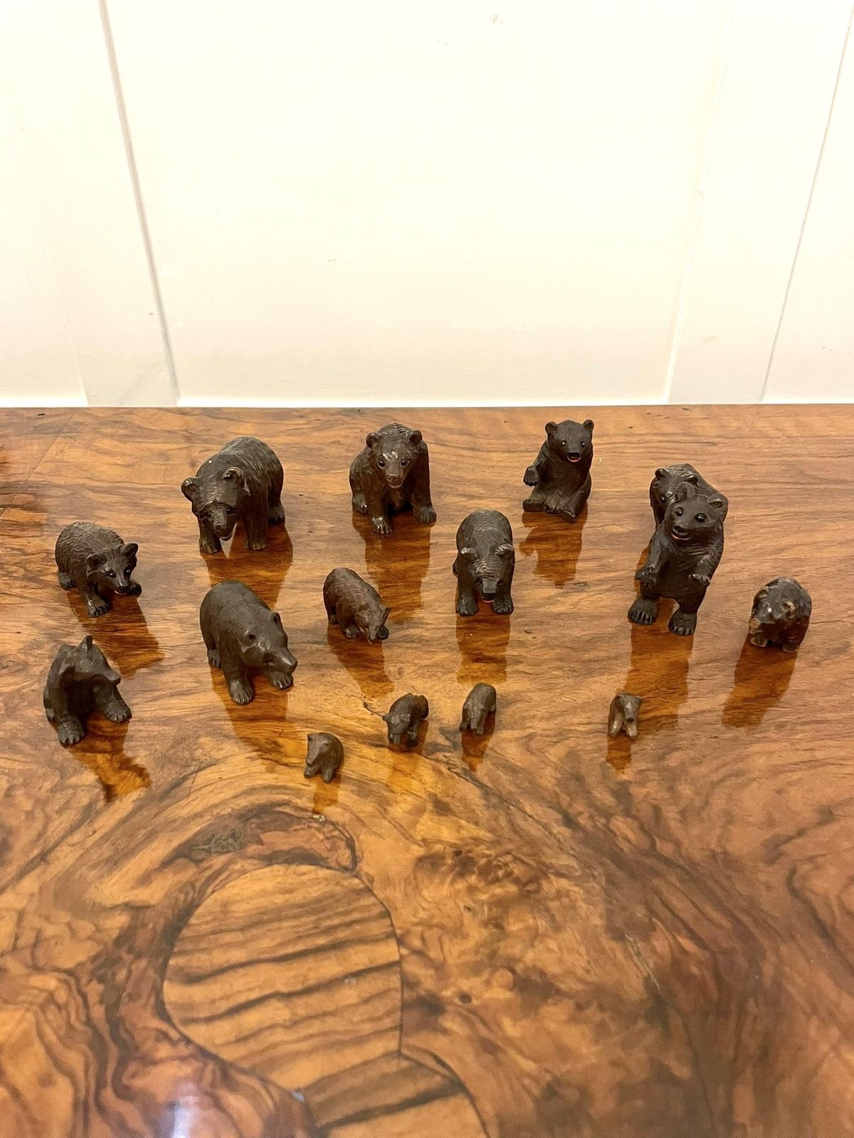 photo furniture Antique Set Of Fifteen 19th Century Miniature Carved Oak Black Forest Bears