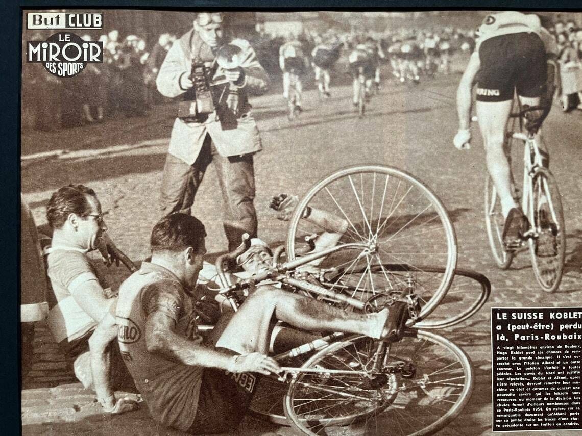 Vintage Cycling Print  Paris Roubaix Crash Hugo Koblet 1951 photo furniture