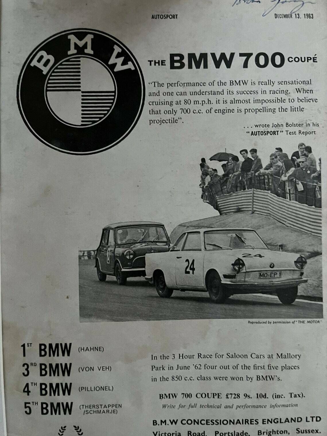 Auto Sport Bmw 700 Vintage Magazine Print 1963 photo for sale