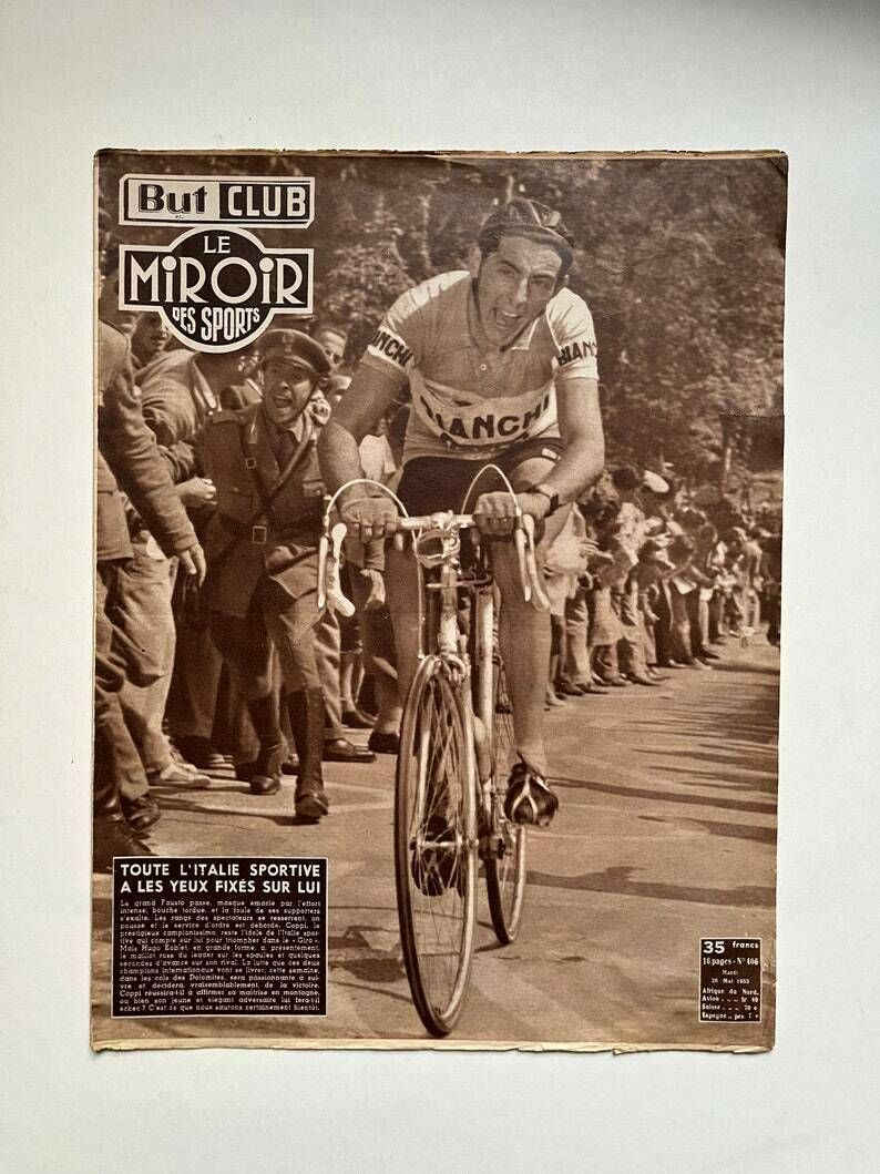 Fausto Coppi / Bianchi Original Vintage Colour Cycling Print 1953