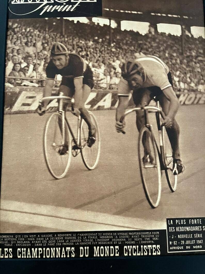 Original Vintage Tour De France 1948 French Pista  Track Cycling Print Scherens Gerardin photo furniture