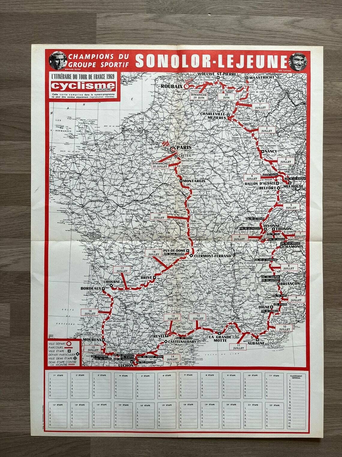 Tour De France 1969 Map   Vintage Cycling Print Eddy Merckx Era