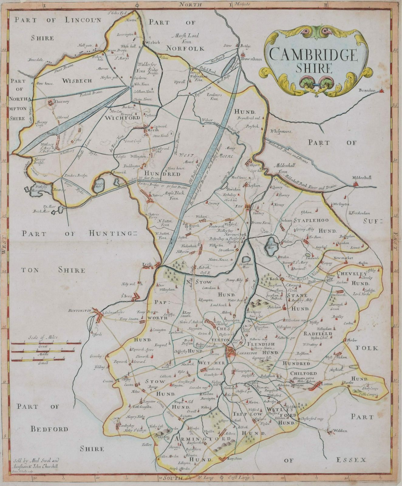 Sutton Nichols (1668 – 1729) Map Of Cambridgeshire photo for sale