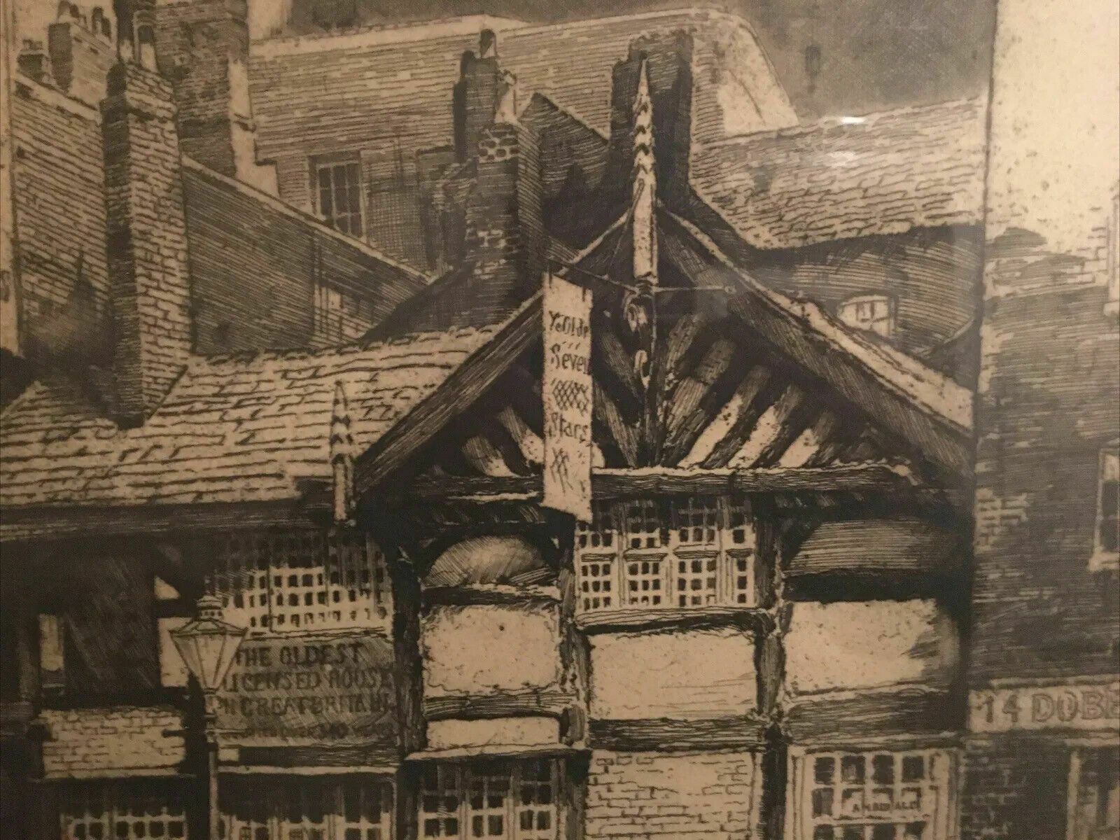 Frank Greenwood Seven Stars Pub Etching Manchester Framed Northern Art Signed photo vinterior