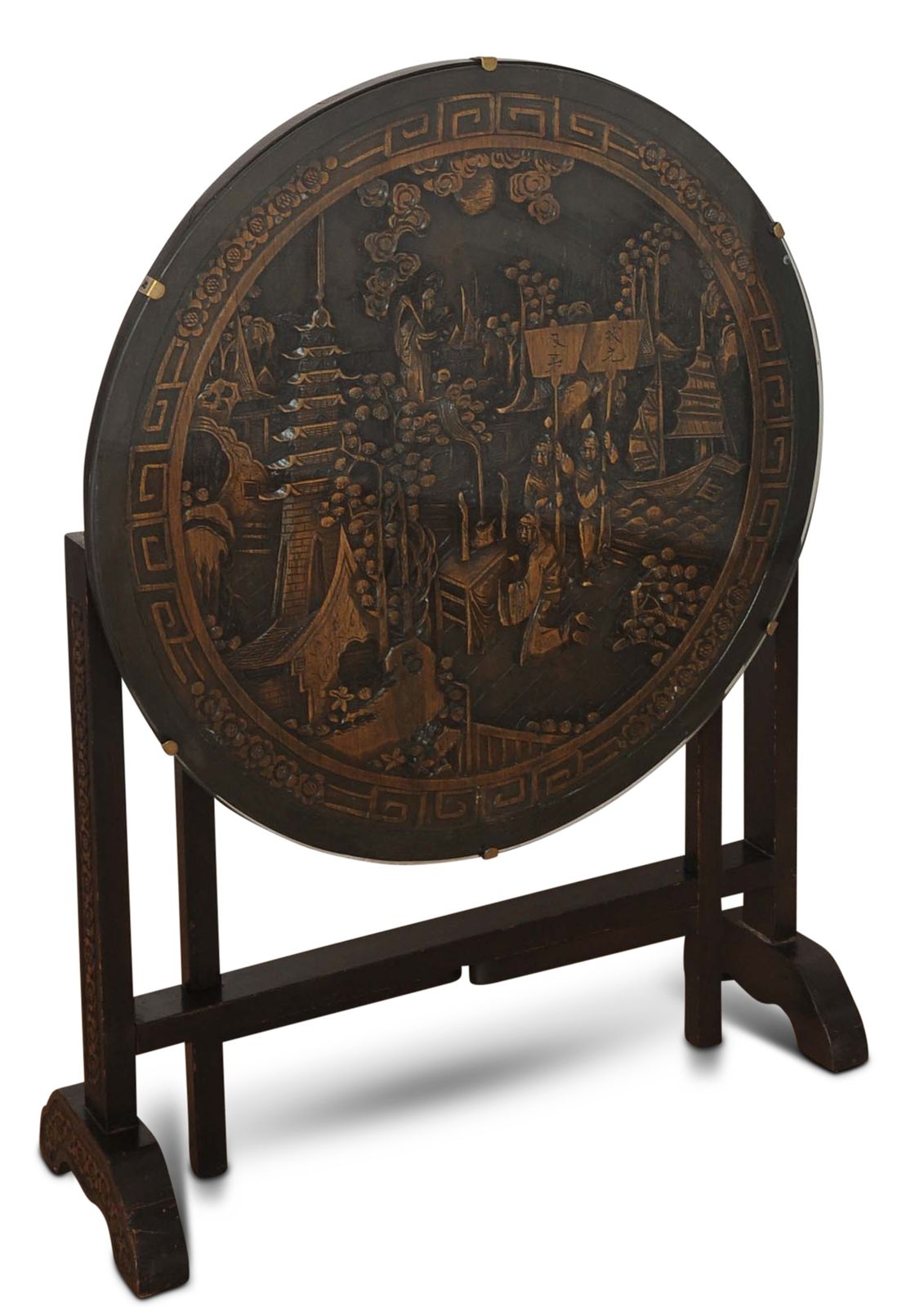 Chinese Carved Hardwood Tilt Top Glazed Gate Leg Tea Table With Heavily Carved Decorative & Floral Motifs Early 20th Century Ol