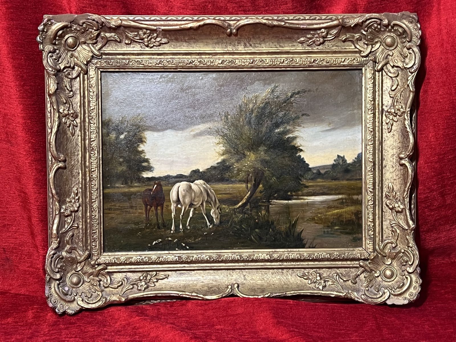 19th Century Fine Art Mare And Foal In Country Landscape Oil Painting photo furniture