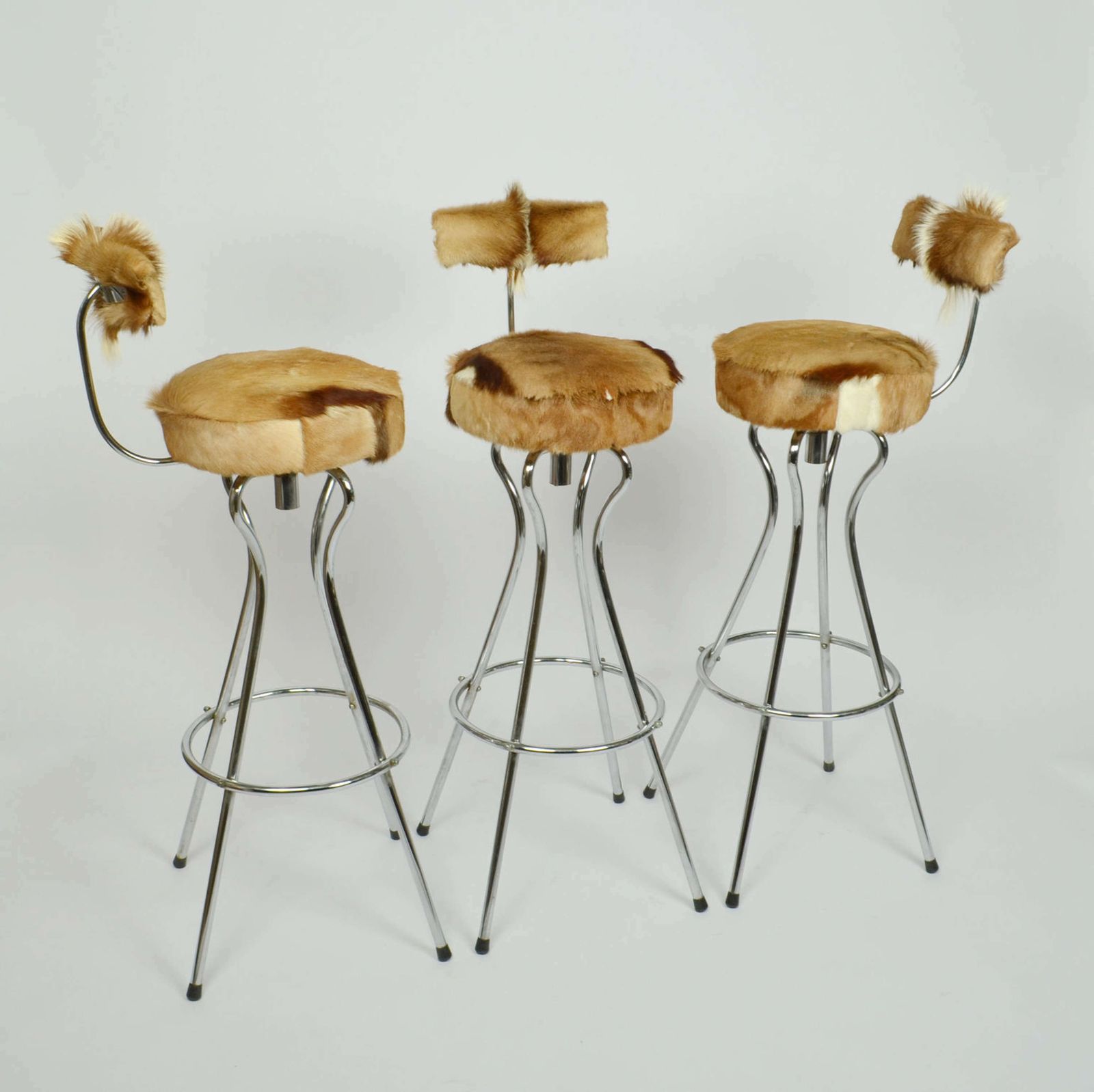 photo for sale Set Of Three Swivel Bar Stools In Chrome And Goatskin