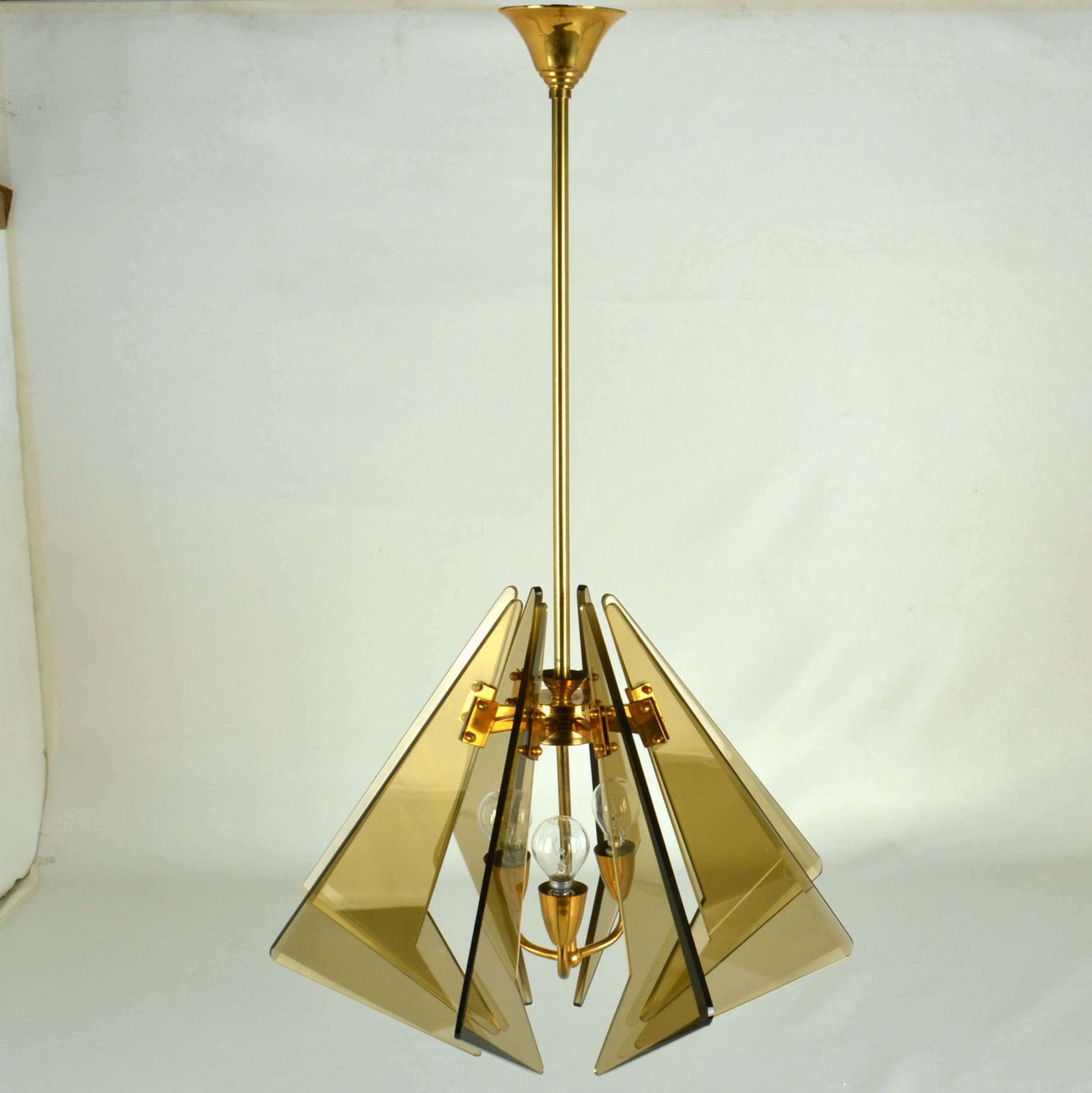 Chandelier In Tinted Glass And Gilded Brass By Gino Paroldo, 1950's photo Lighting