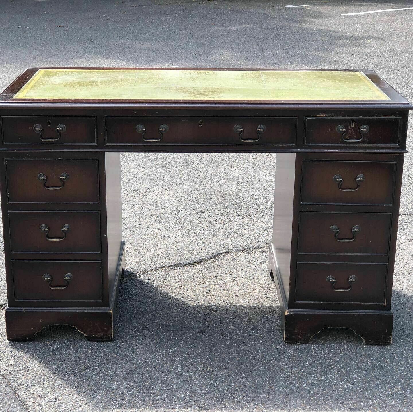 Mahogany Pedestal Desk With Green Leather Top. photo for sale