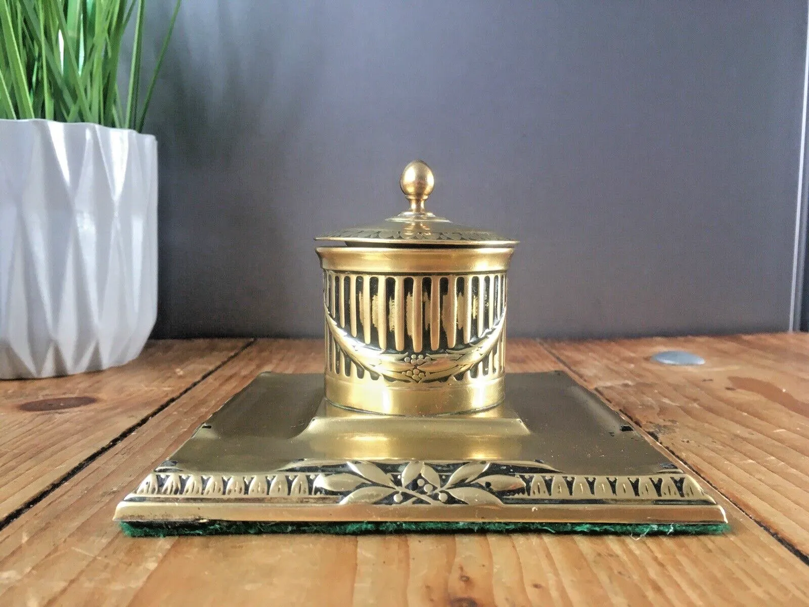 Quality Antique Edwardian Regency Swag Brass Inkwell Office Desk Accessory Prop photo furniture