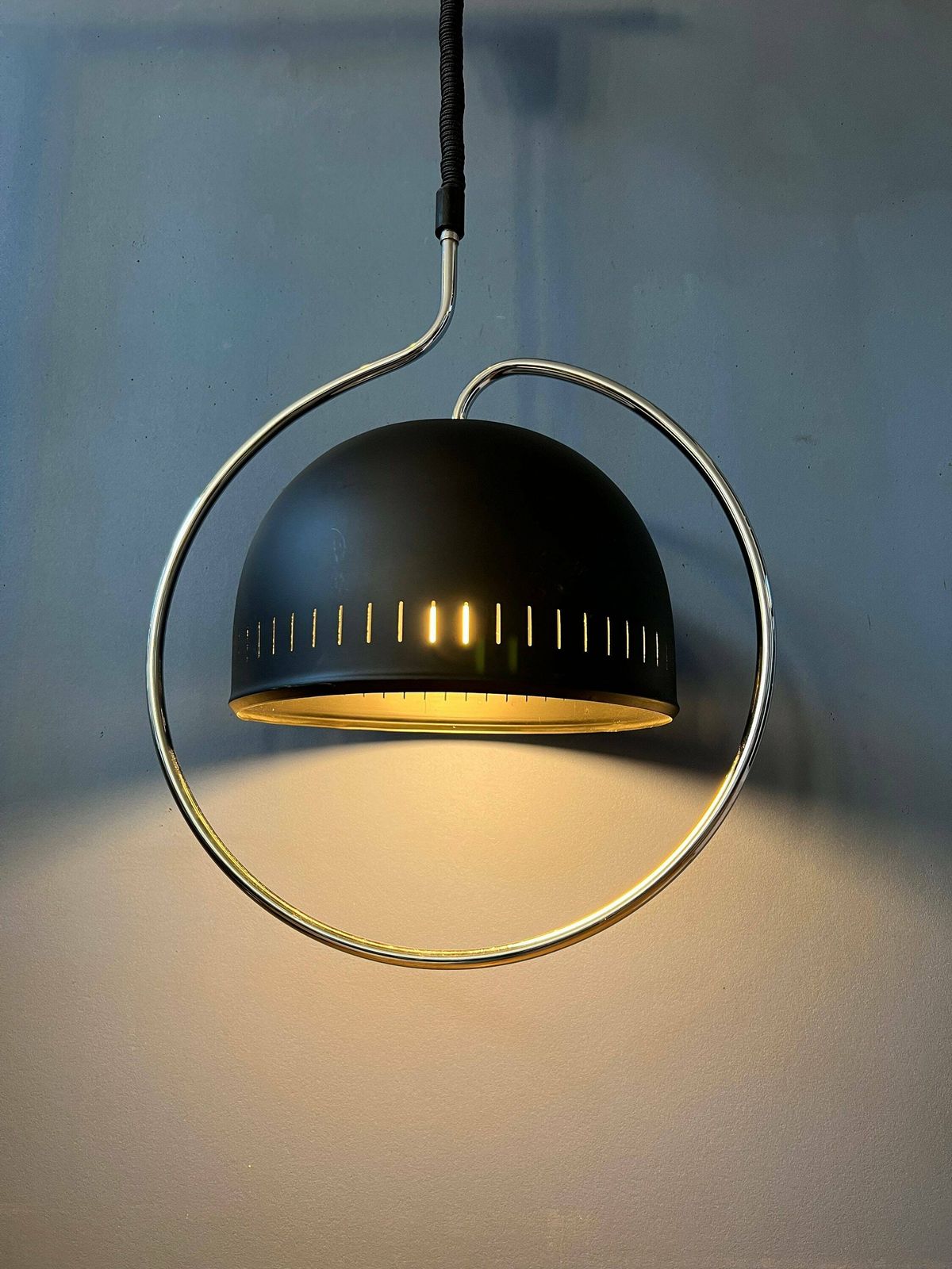 Dijkstra Space Age Hanging Lamp With Chrome Frame And Black Metal Shade photo furniture