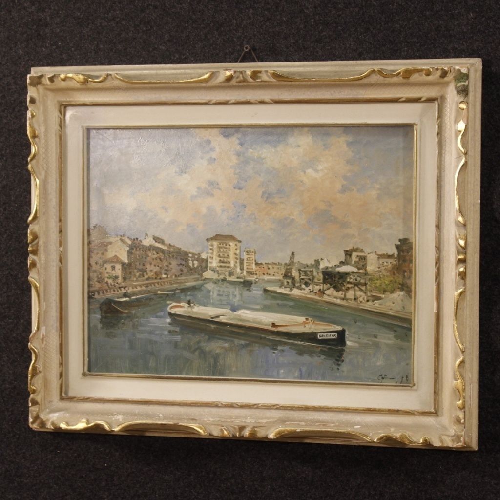 Italian Signed Landscape Painting View Of River With Boats photo vinterior