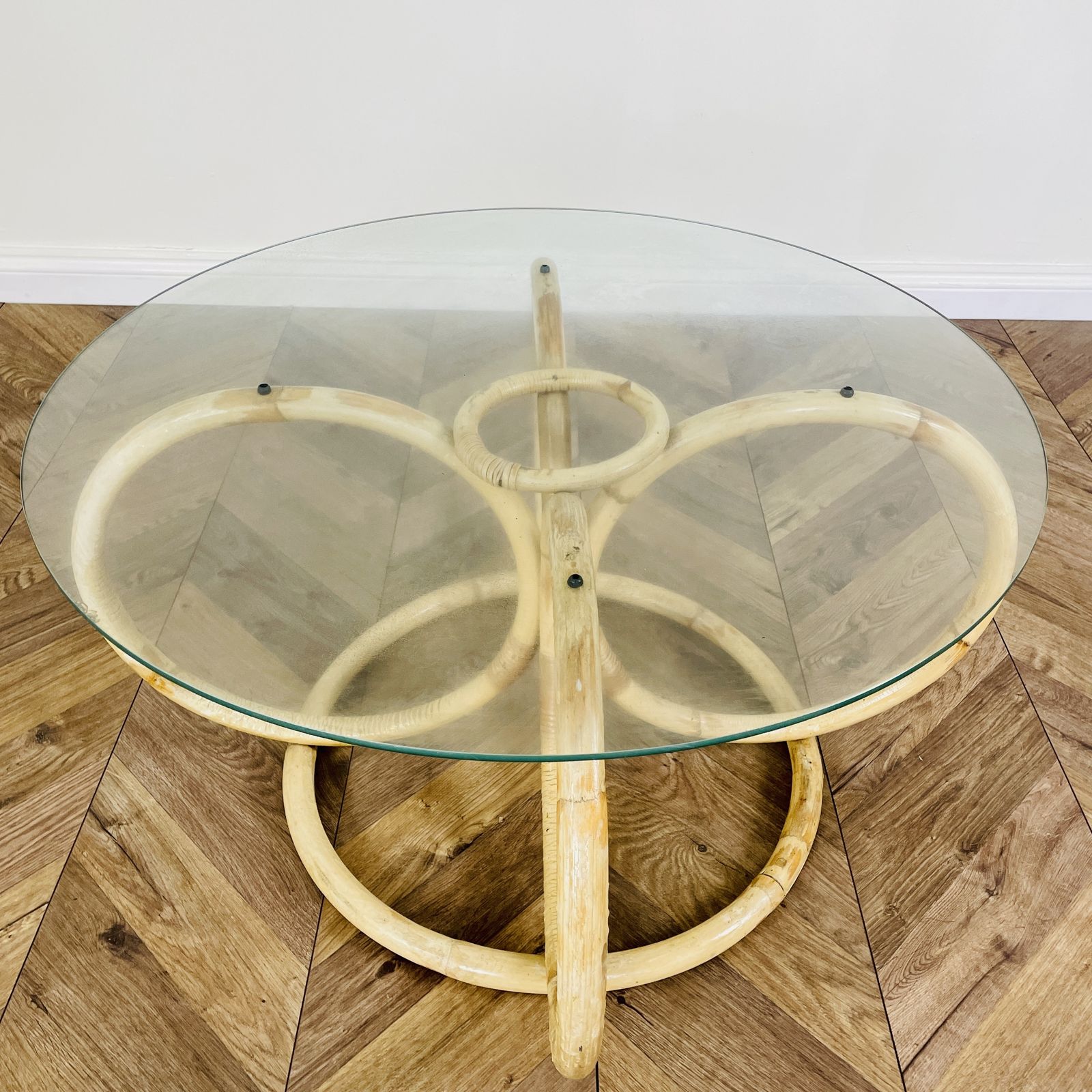 Vintage Mid Century Bamboo + Glass Coffee Table, 1970s photo Furniture