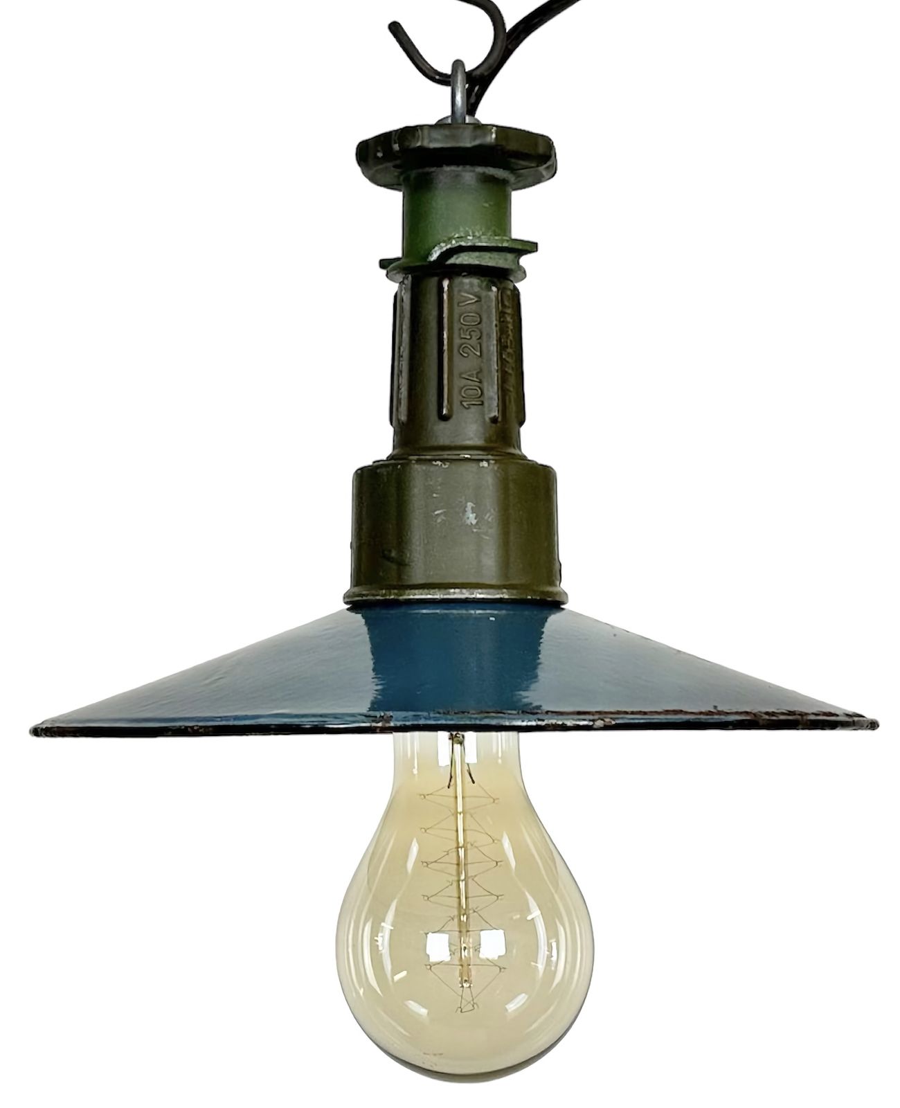 Industrial Blue Enamel Factory Pendant Lamp With Cast Aluminium Top, 1960s