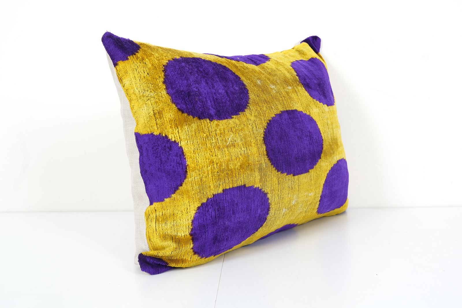 Ikat  Blue Polka Dot Pillow Cover   Silk Ethnic Yellow Velvet Lumbar Pillow Cover   Ethnic Decorative Pillow   Velvet Ikat Pillow 16" X 24" photo Textiles