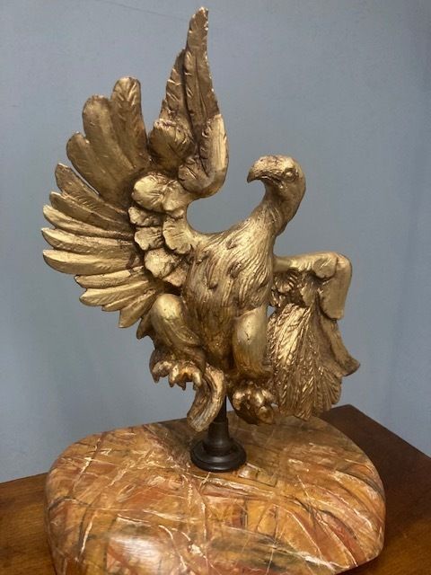 Ancient Eagle Sculpture In Gilded Wood From The 1600s On A Marbled Base photo for sale