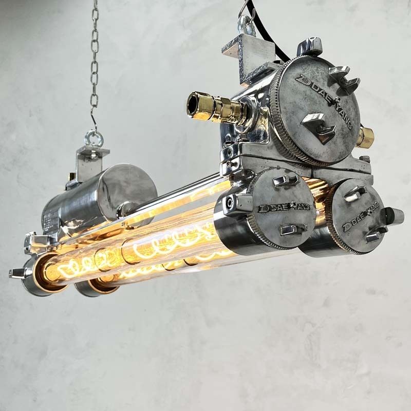 1970s Industrial Polished Aluminium Brass & Glass Edison Flameproof Strip Light photo buy
