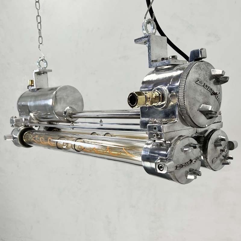 photo for sale 1970s Industrial Polished Aluminium Brass & Glass Edison Flameproof Strip Light