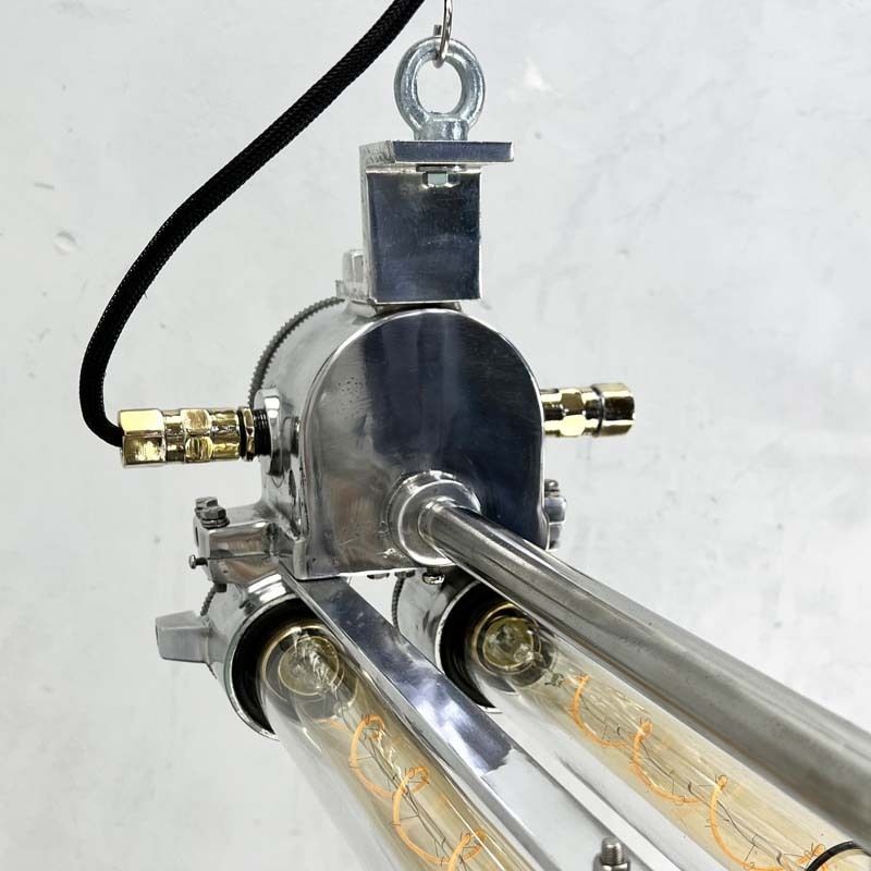 875.0 1970s Industrial Polished Aluminium Brass & Glass Edison Flameproof Strip Light photo