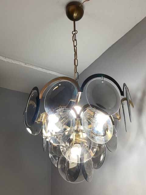 Chandelier From The 60s, Eye Catching Smoked Murano Glass And Brass. Vintage Modernism