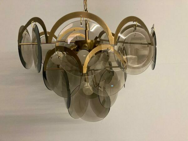 Chandelier From The 60s, Eye Catching Smoked Murano Glass And Brass. Vintage Modernism photo Lighting