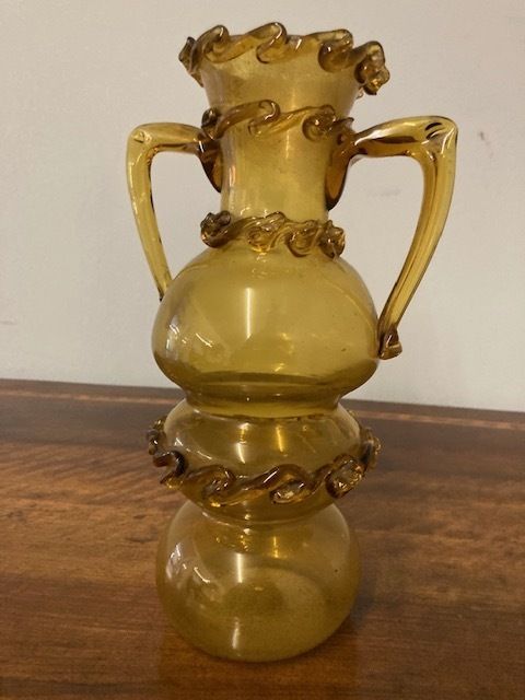 Antique Murano Glass Vase From The Late 1800s In Amber Color With Relief Work. photo furniture