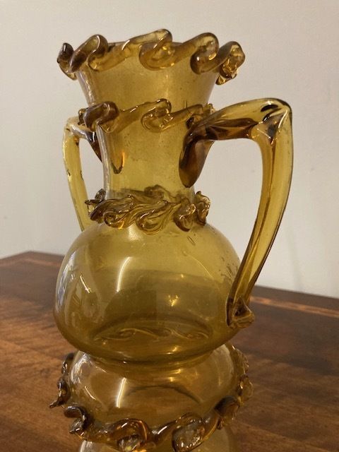 Antique Murano Glass Vase From The Late 1800s In Amber Color With Relief Work. photo Home Decor