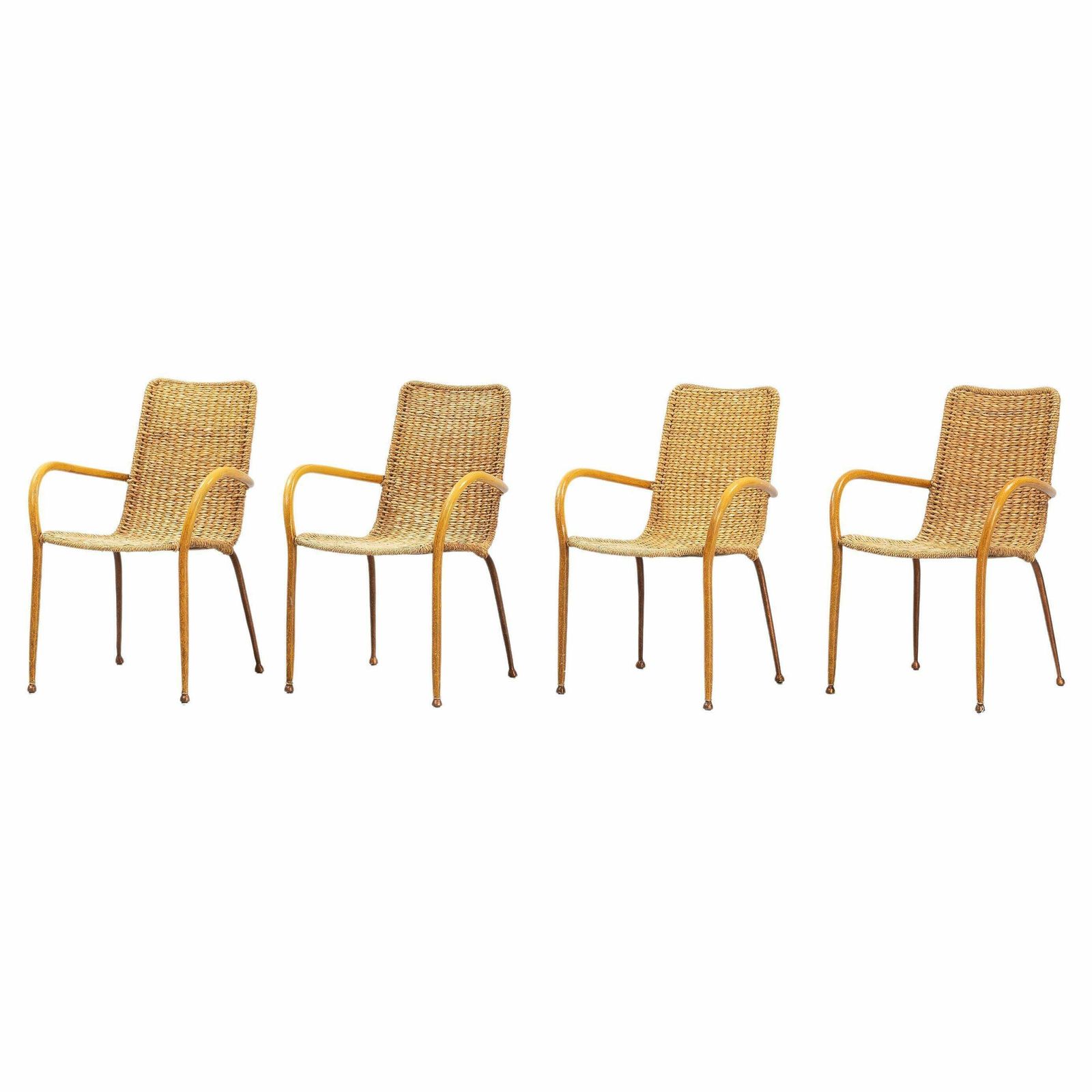 Set Of 4 Italian Vintage Armchairs In Wicker And Birch Mid Century Modern 1950