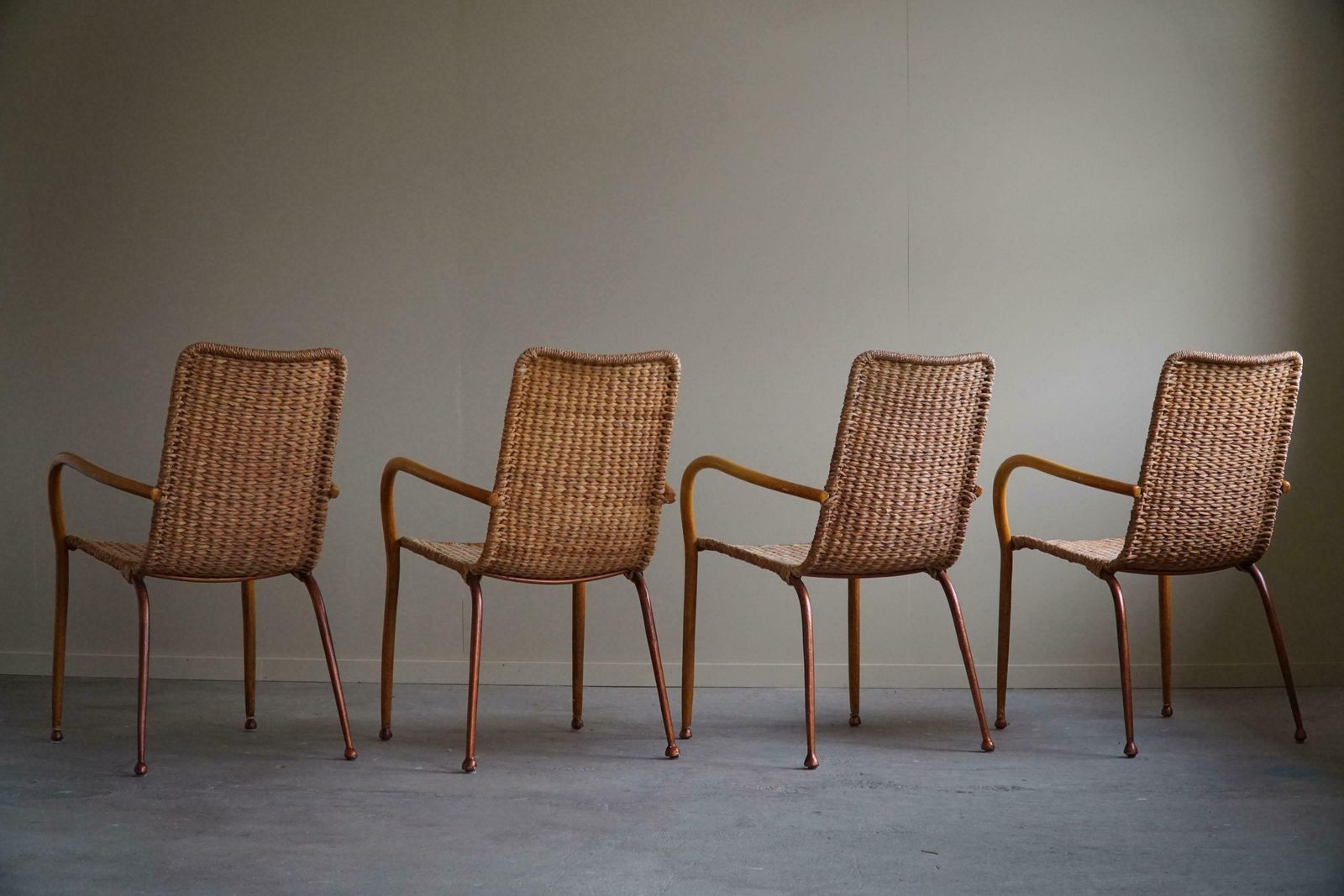 Set Of 4 Italian Vintage Armchairs In Wicker And Birch Mid Century Modern 1950 photo 5593.0