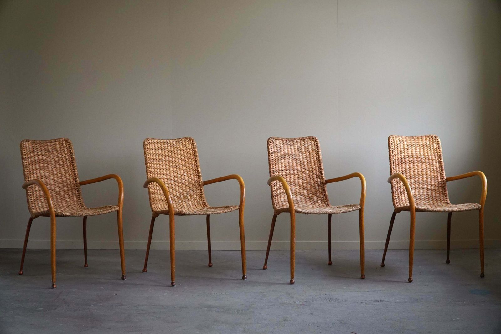 Set Of 4 Italian Vintage Armchairs In Wicker And Birch Mid Century Modern 1950 photo buy