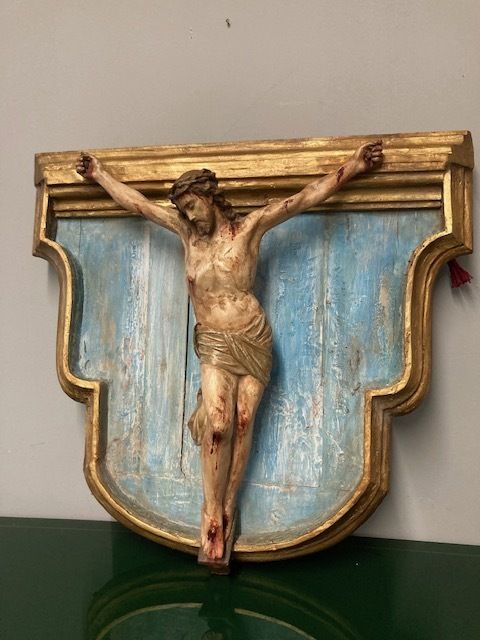 Ancient Plaster Sculpture Of Christ Crucified From The 17th Century.