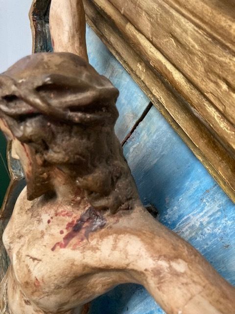 Ancient Plaster Sculpture Of Christ Crucified From The 17th Century. photo vintage
