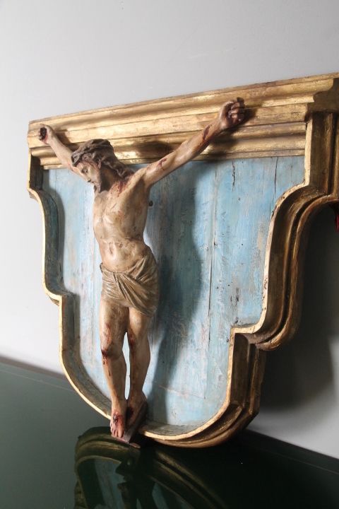 Art Ancient Plaster Sculpture Of Christ Crucified From The 17th Century. photo