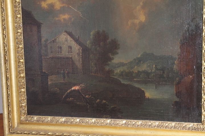 Important Flemish Oil Painting On Canvas From The 1750s !! With Storm And Fire. photo vinterior