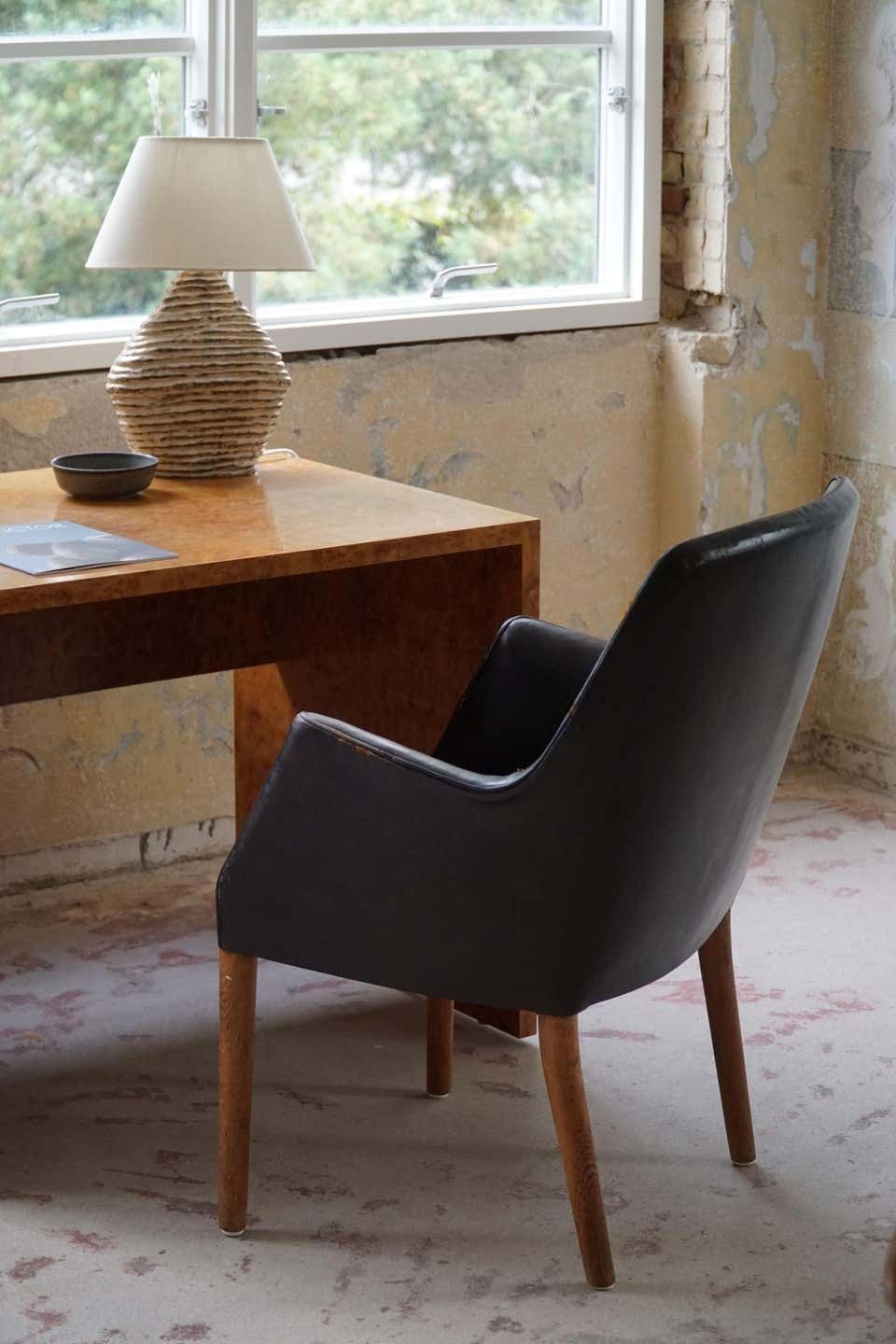Danish Modern Armchair By Nanna Ditzel In Oak And Patinated Leather, 1950s photo for sale