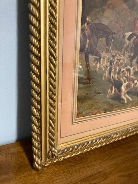 Ancient Watercolor Engraving From The 19th Century Depicting A Hunting Scene In A Golden Frame photo Art