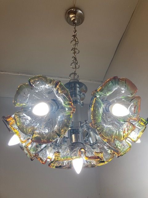 Vintage Mazzega Chandelier From The 70s. No. 7 Light Points Restored Murano Flowers. Modern! photo 540.8