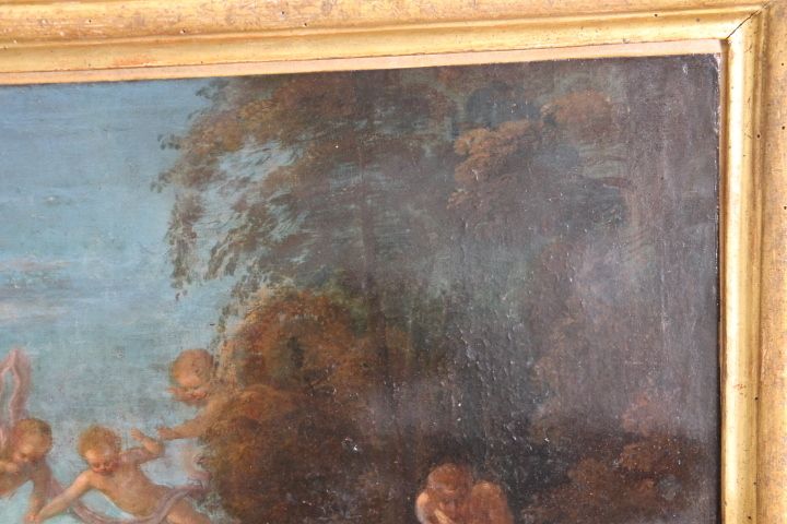 Ancient Painting France 18th Century Gallant Scene With Harlequin, Coeval Frame photo vintage