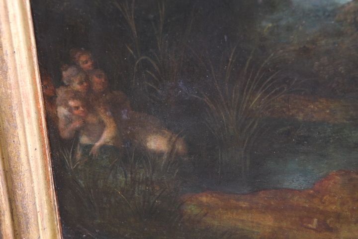 photo vinterior Ancient Painting France 18th Century Gallant Scene With Harlequin, Coeval Frame