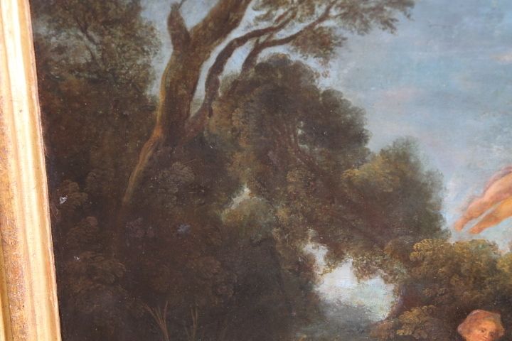 photo buy Ancient Painting France 18th Century Gallant Scene With Harlequin, Coeval Frame