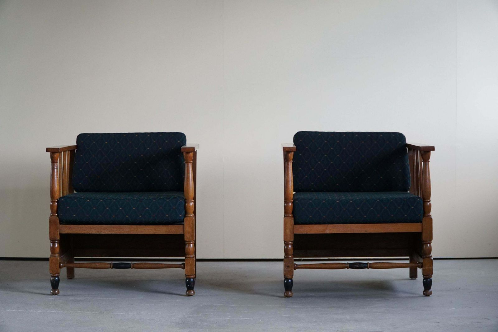 Furniture Art Nouveau, Pair Of Lounge Chairs In Oak, Reupholstered In Style Fabric, 1920s photo