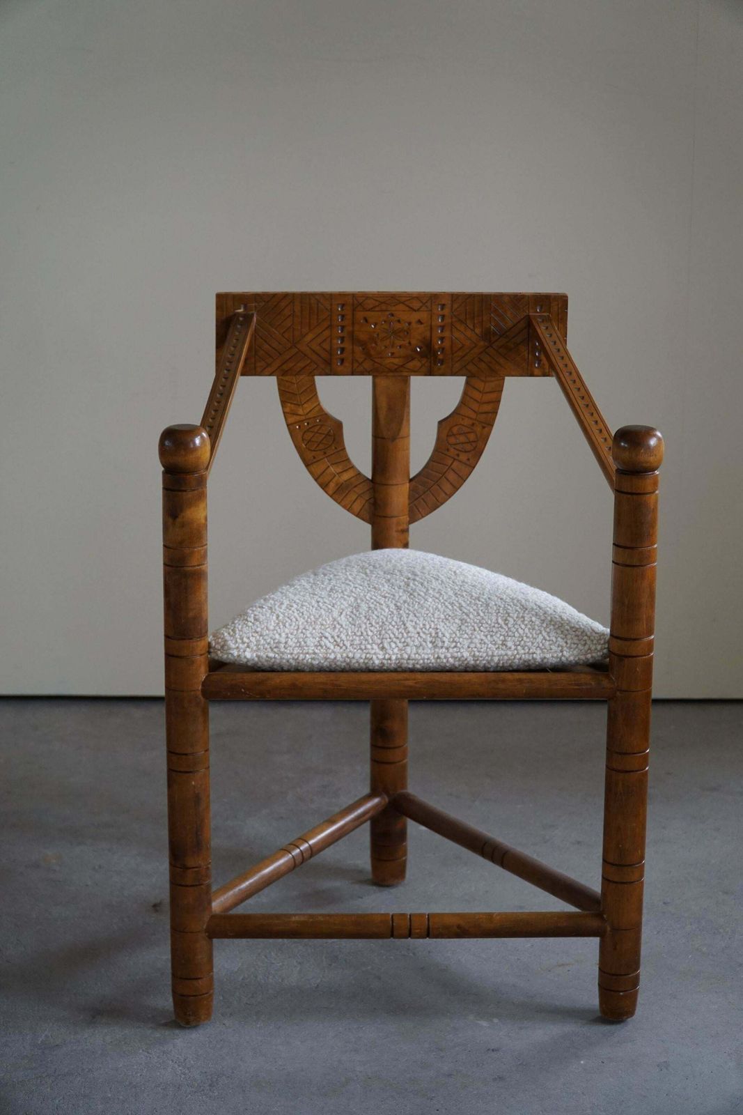 Set Of 6 Swedish Monk Chairs With Bouclé Seats, Wabi Sabi, Early 20th Century photo furniture