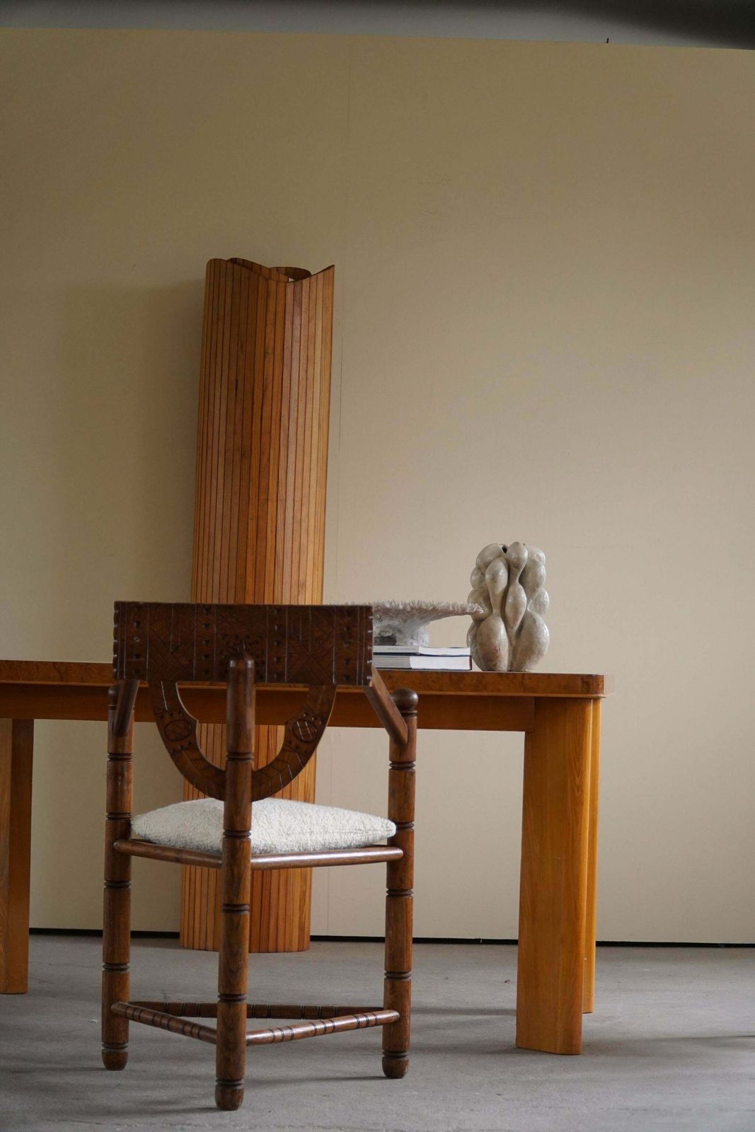 Set Of 6 Swedish Monk Chairs With Bouclé Seats, Wabi Sabi, Early 20th Century photo vinterior