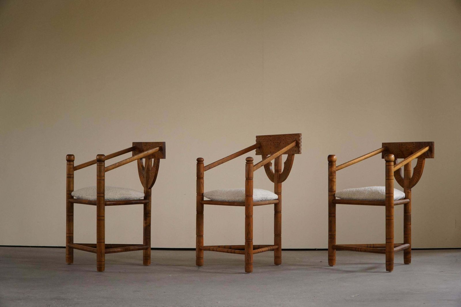 Furniture Set Of 6 Swedish Monk Chairs With Bouclé Seats, Wabi Sabi, Early 20th Century photo